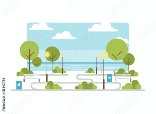 A city park or garden featuring trees, bushes, and street amenities, serving as an outdoor recreational zone, depicted in a vibrant, modern linear vector illustration for urban public space planning