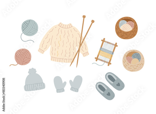 Flat vector pattern of knitted items, textured knitting and sewing tools, background of woolen clothes and handmade accessories, and vector illustration of warm winter garments
