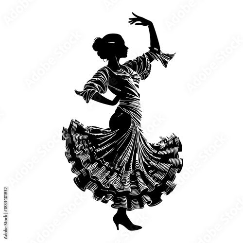 Black and white silhouette of ballerina and dancing vector illustration isolated on white background