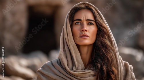 Mary Magdalene walks from the empty tomb at dawn. Her steps carry the joy and wonder of being the first to witness Christ’s resurrection and the sacred mission to proclaim the risen Lord.