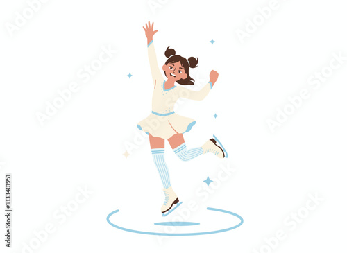 A cheerful schoolgirl leaps with her hand raised, cheering someone; a cute, energetic, positive child smiles joyfully in motion, depicted as a flat vector illustration on a white background