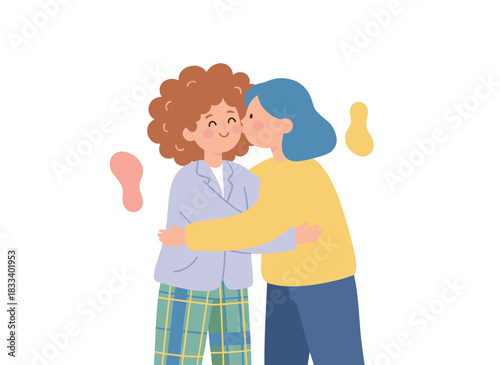 A lesbian couple in love, a gay woman kissing and hugging her joyful female partner, two LGBT women of different races in a romantic relationship, depicted in a flat vector illustration against a