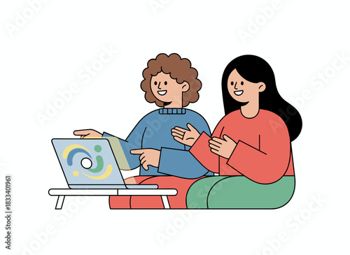 A group of women watch a humorous video on a mobile phone, with a joyful girl laughing, sharing, and showing a fun clip to a female friend, depicted in a flat vector illustration against a white