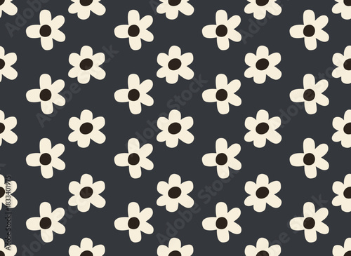 A seamless floral pattern featuring black and white daisies in an abstract, simple doodle style, with a textured flower backdrop and endless retro blossom design suitable for summer fabric, rendered