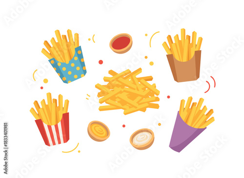A set of French fries: crispy potato chips and sticks in paper packages, wrapped in cones, boxed in cartons, with dip sauces and ketchup in cup bowls, presented as a fast‑food snack in a flat vector