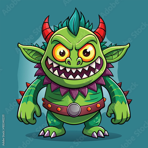 Cute green cartoon monster with big grin and spiky collar