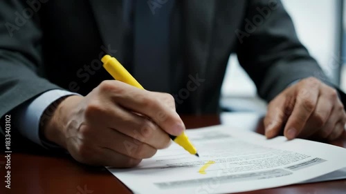 Businessman concentrates on reviewing important documents in a sleek office with city views. Clean desk and stacks of papers enhance professional atmosphere
