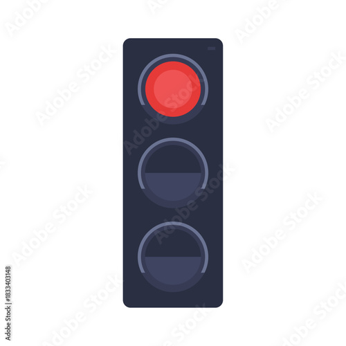Traffic light with shining red stop signal, urban intersection control lamp for mobility management, transportation safety and road regulation flat vector illustration.