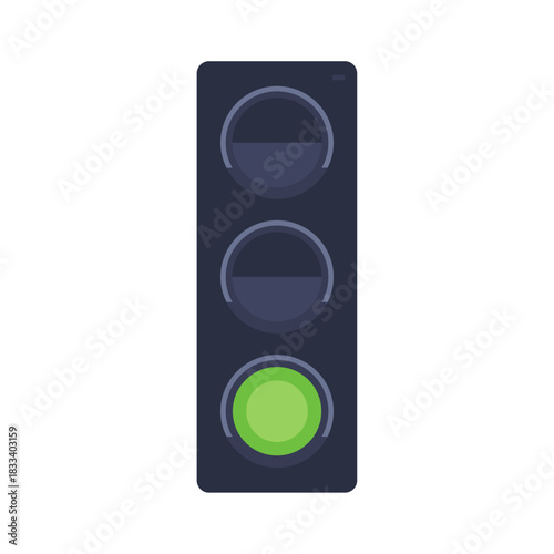 Traffic light with illuminated green signal, modern stoplight device showing go instruction, urban road regulation and transportation safety equipment flat vector illustration.