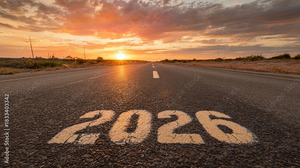 Fototapeta premium Drive into a bright future with the year 2026 painted on a scenic road leading to a glorious sunrise, inspiring hope and new beginnings