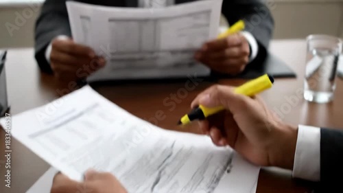 Man reviewing papers with yellow highlighter in office setting. Bright room with wooden table showing focused work environment. Concept of business, productivity, professional development