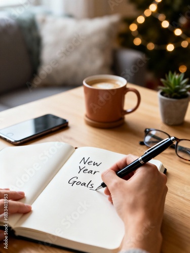 A person is writing in a notebook with the words 