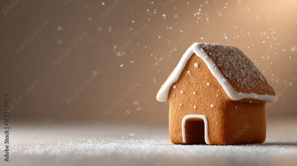 Fototapeta premium Close-up of a small gingerbread house with white icing and powdered sugar falling, set against a soft brown background with a snowy surface
