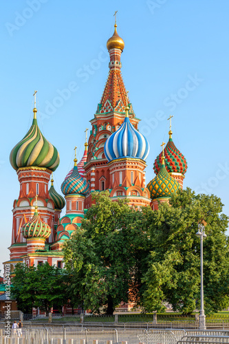 Photography View of Saint Basil Cathedral in Moscow, showcasing its colorful onion domes and intricate details