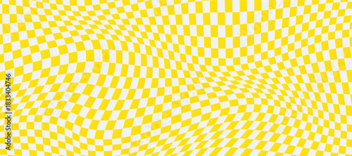 Yellow and white wavy checkered pattern in a groovy style. Checkered background with optical illusion and distorted squares. Vector retro abstract design for posters, wallpapers, textiles, packaging