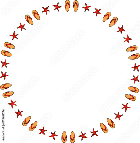 Round frame with beach flip-flops and red starfish.eps