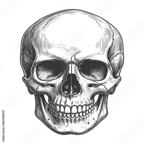 Engraving style illustration of a human skull viewed from the front, isolated on