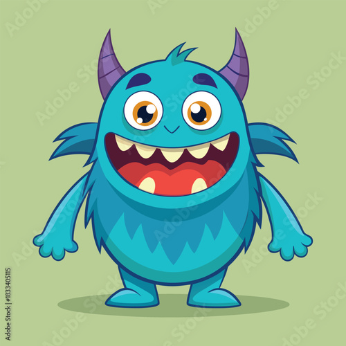 Happy blue furry monster with big smile and horns