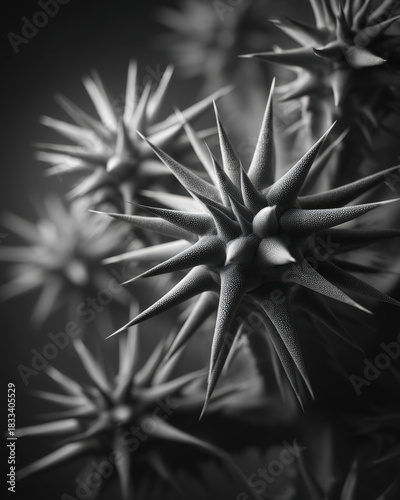 Abstract chrome background with sharp metallic spikes radiating from an off-center point