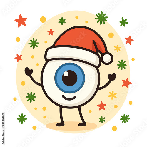 A cheerful cartoon eye wearing Santa's hat against a festive backdrop, showcasing a Christmas ophthalmology-themed greeting card and a Happy New Year ophthalmology concept set amid a Christmas