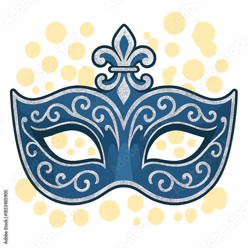 Elegant blue and silver glitter Venetian mask adorned with festive bokeh lights