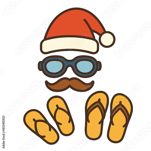 A Santa Claus hat with swimming goggles and a mustache, paired with sandals, swimming glasses, slippers, and pool goggles during a Christmas vacation by the water