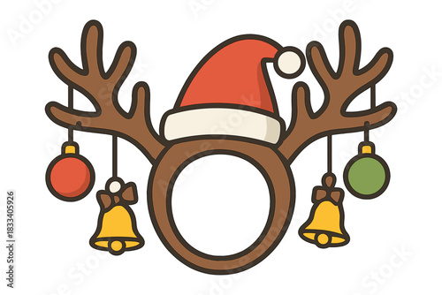Reindeer antlers decorated with Christmas balls, bells, and a Santa Claus hat, forming a funny selfie mask