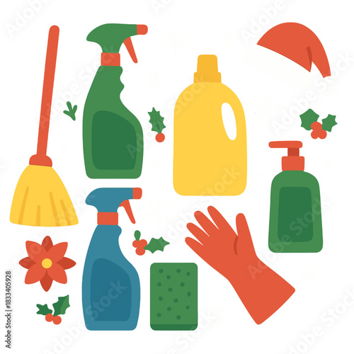 Flat lay of Christmas and winter cleaning supplies: assorted bottles, tools, and accessories, adorned with holiday decorations, snowflakes, and a Santa hat, with space for cleaning service