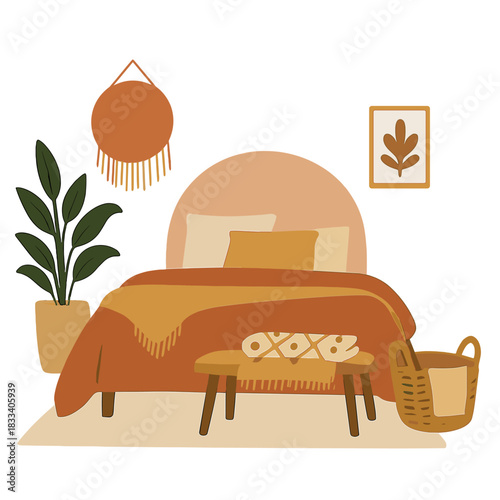 A cozy bohemian bedroom featuring textiles, a wooden bench, and a basket, with space for text