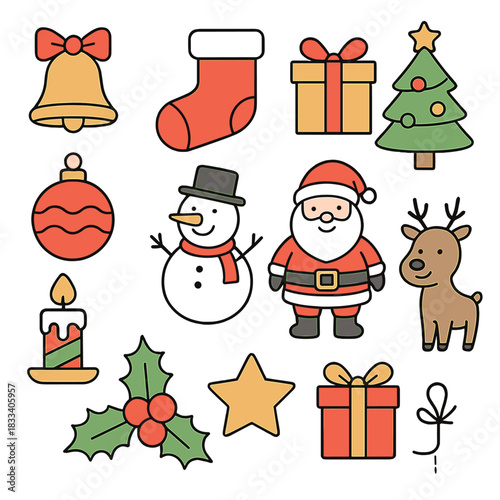 Outline doodle-style Christmas items with editable strokes, plus New Year characters and gifts suitable for postcards, banners, web design, scrapbooking, and other holiday projects
