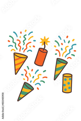 A cartoon party popper spews confetti, alongside various firecrackers, bursting paper cones and cylinders, and other loud festive accessories—ideal for birthday, New Year, and Christmas decorations