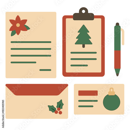 Layered  illustration of professional business stationery items in Christmas template color styles