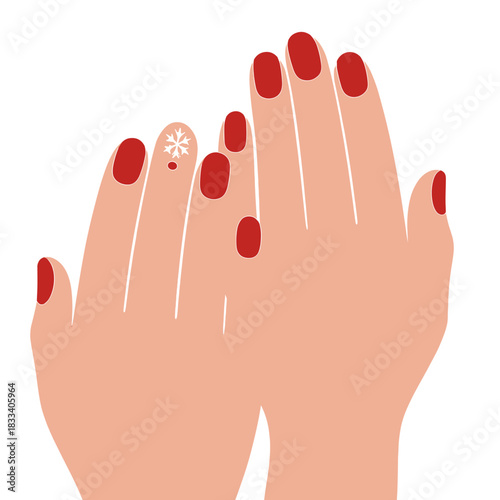 Close-up of a woman's hands featuring a stylish red manicure, showcasing a Christmas and New Year nail design