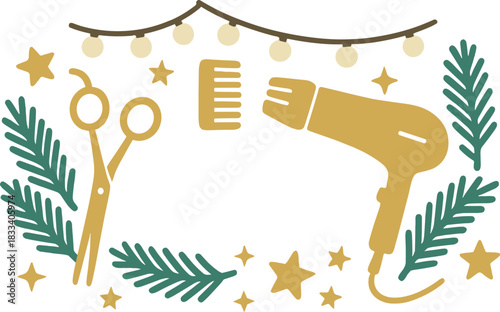 A horizontal banner featuring golden hairdressing tools and the year complemented by a winter holiday flatlay of salon accessories, Christmas tree branches, garland, and stars—an idea for