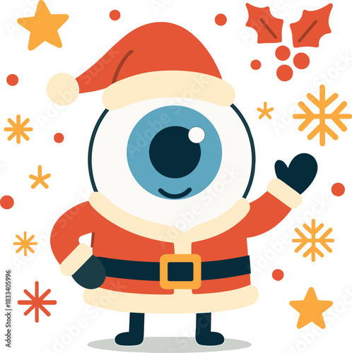 A cheerful cartoon eye dressed as Santa against a festive backdrop, featuring a Christmas ophthalmology greeting card, a happy New Year ophthalmology concept, and a Christmas medical background