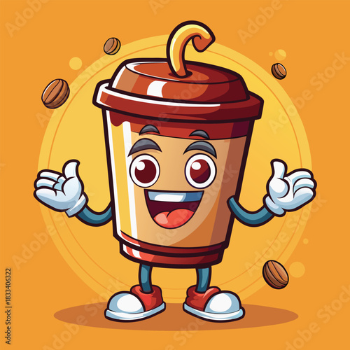 Happy cartoon coffee cup character with whipped cream