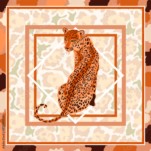 Leopard, jaguar wild big cat scarf illustration with square frame on a animal skin patterned background silk scarf design. Luxury style pattern vector for bandana, foulard, scarves, pillow