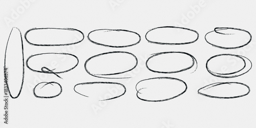 Hand drawn circle highlighter line sketch set. Vector marker circular lines, doodle round circles for message note mark design element. Pencil or pen bubble sketch