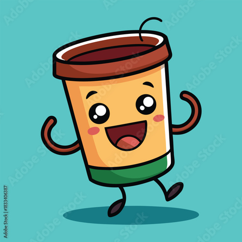 Happy cartoon coffee cup character dancing with joy