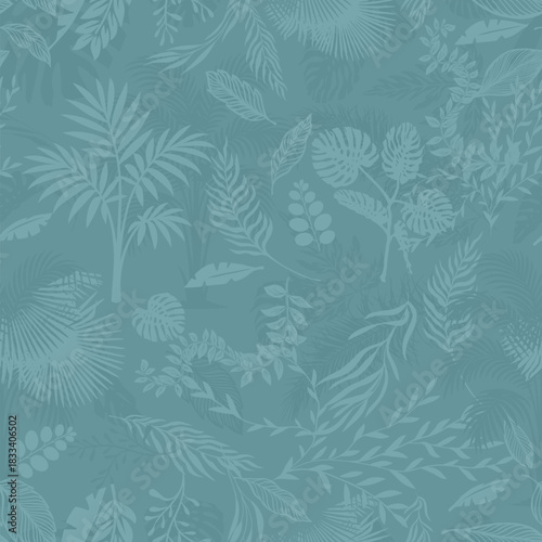 Seamless blue background with palm trees. tropical vector pattern. Hand drawn. Not AI