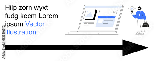 Business innovation, digital strategy, forward thinking, web design, solutions, modern business. A businessman holds a lightbulb near a laptop displaying a website interface, with an arrow pointing