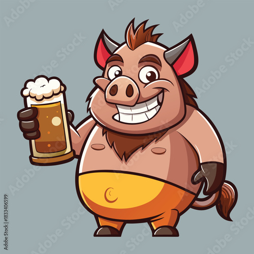 Happy cartoon boar holding a frothy beer mug