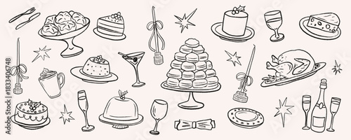 Cozy scene Christmas dinner party, food and wine are drawn as line sketch icon. Festive doodle of holiday dessert table with cakes, pastries, macaron tower, roast turkey, sparkling drinks and candles.