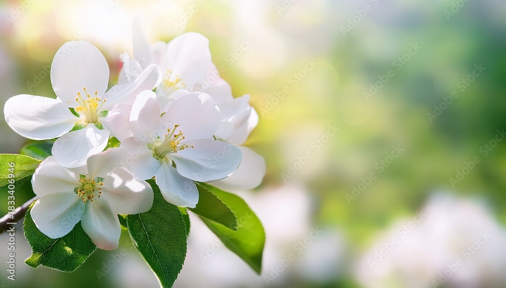Obraz premium delicate white apple blossom with green leaves against blurred background close up of spring fruit tree flower with soft bokeh creating fresh natural composition with copy space