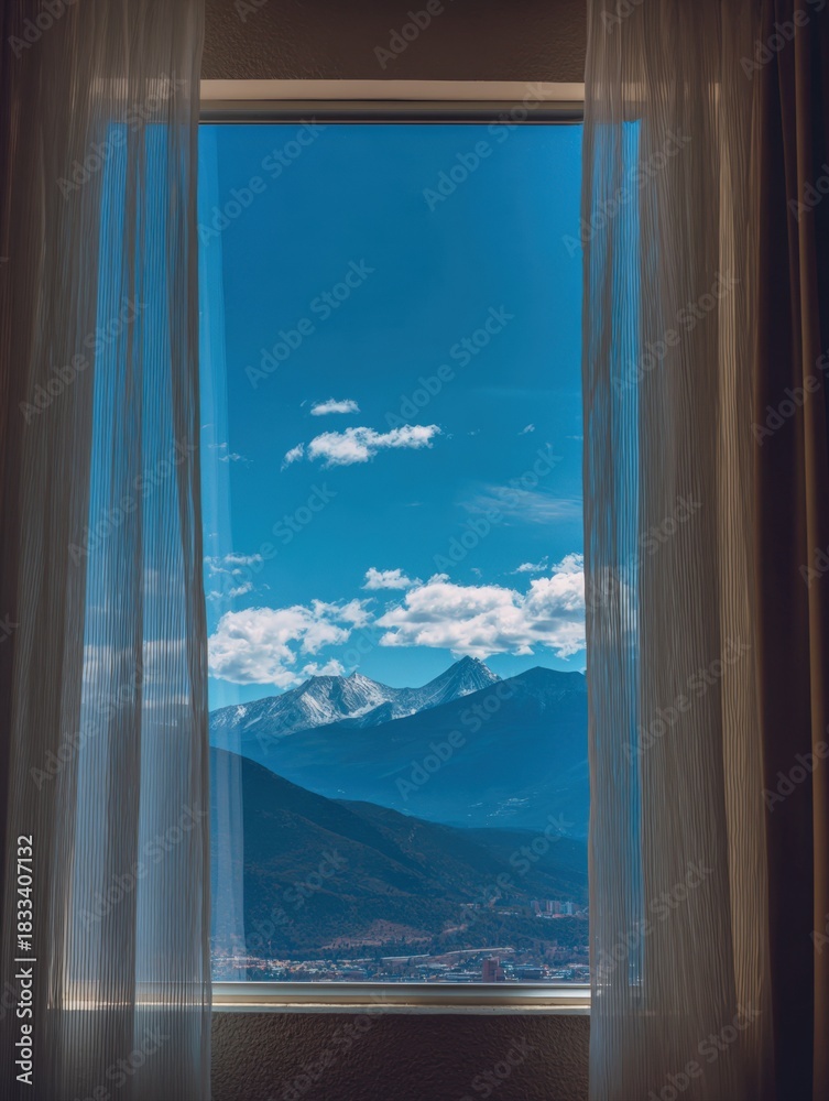 Fototapeta premium Stunning Alpine Vista Through an Open Window: Vertical View of Snow-Capped Mountains and a Blue Valley Town Framed by Flowing Sheer Curtains in a Hotel or Home Setting