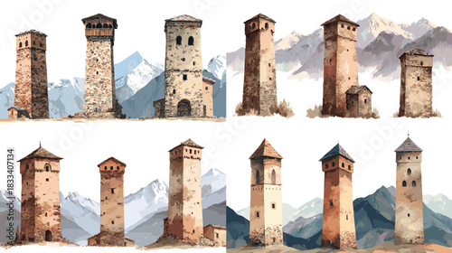 Watercolor illustrations of ancient stone watchtowers set against mountain landscapes. Ideal for history themes medieval design travel artwork architecture studies and rustic scenery decor.