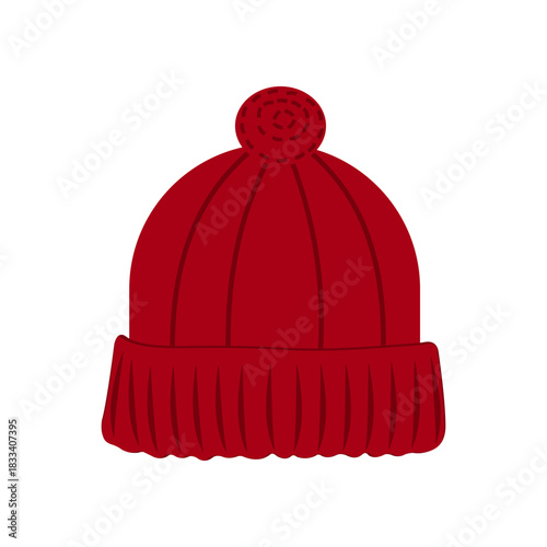 Winter hat. Colorful red knit hat with a pom pom. Winter hat on a white background. Vector illustration 