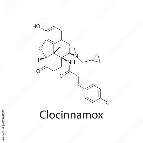 Clocinnamox molecular structure, irreversible μ-opioid receptor partial agonist/antagonist, clean scientific vector diagram, skeletal chemical formula