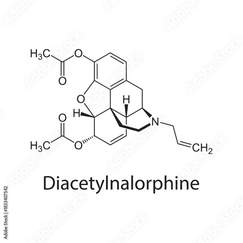 Diacetylnalorphine molecular structure, opioid agonist–antagonist derivative, clean scientific vector diagram, skeletal chemical formula