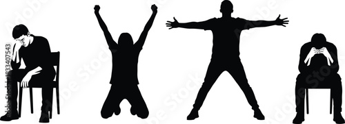 Silhouettes of People Showing Intense Emotional States: Despair and Sadness, Kneeling in Victory, and Standing in Joy or Freedom, Representing Human Feeling Vector